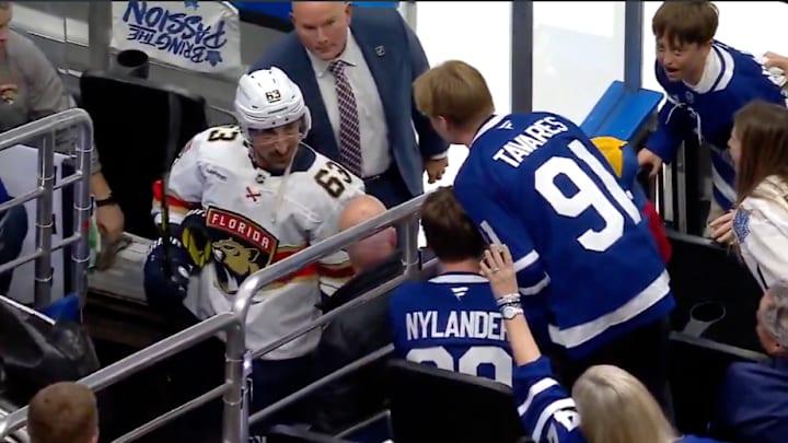 Florida Panthers forward Brad Marchand is heckled by Toronto Maple Leafs fans after receiving a misconduct penalty in the third period of Game 5. Florida Panthers forward Brad Marchand is heckled by Toronto Maple Leafs fans after receiving a misconduct penalty in the third period of Game 5.