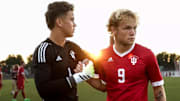 Indiana goalkeeper JT Harms and Sam Sarver from an Indiana match at Bill Armstrong Stadium.