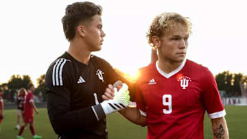 Indiana goalkeeper JT Harms and Sam Sarver from an Indiana match at Bill Armstrong Stadium.