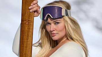 Hunter McGrady was photographed by Derek Kettela in Saas Fee, Switzerland. Swimsuit by Sienna Swim. Goggles by Blenders. 