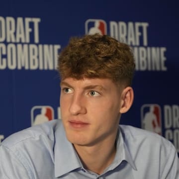 May 14, 2025; Chicago, Il, USA; Kasparas Jakucionis talks to the media during the 2025 NBA Draft Combine at Marriott Marquis Chicago. Mandatory Credit: David Banks-Imagn Images