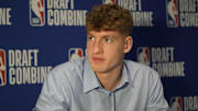 May 14, 2025; Chicago, Il, USA; Kasparas Jakucionis talks to the media during the 2025 NBA Draft Combine at Marriott Marquis Chicago. Mandatory Credit: David Banks-Imagn Images