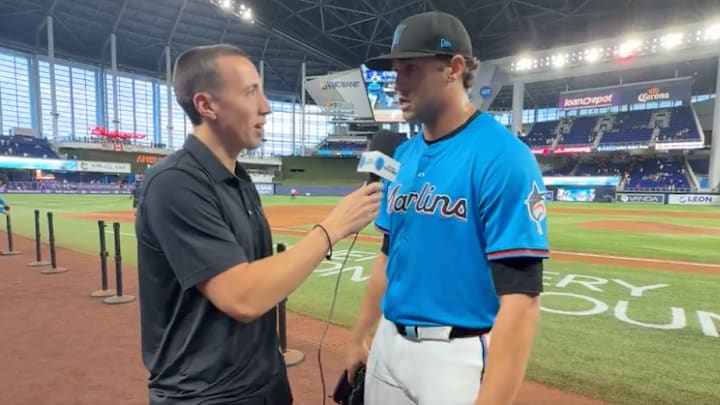 Tyler Phillips was all business after picking up a save in the Marlins' win over the Blue Jays on Sunday. Tyler Phillips was all business after picking up a save in the Marlins' win over the Blue Jays on Sunday.