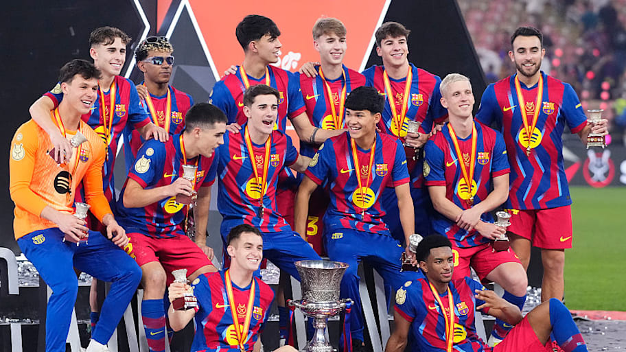 Barcelona’s La Masia graduates celebrating the 2026 Spanish Super Cup Title.