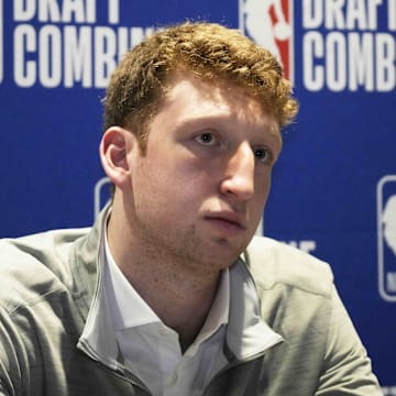 May 14, 2025; Chicago, Il, USA; Danny Wolf talks to the media during the 2025 NBA Draft Combine at Marriott Marquis Chicago. Mandatory Credit: David Banks-Imagn Images