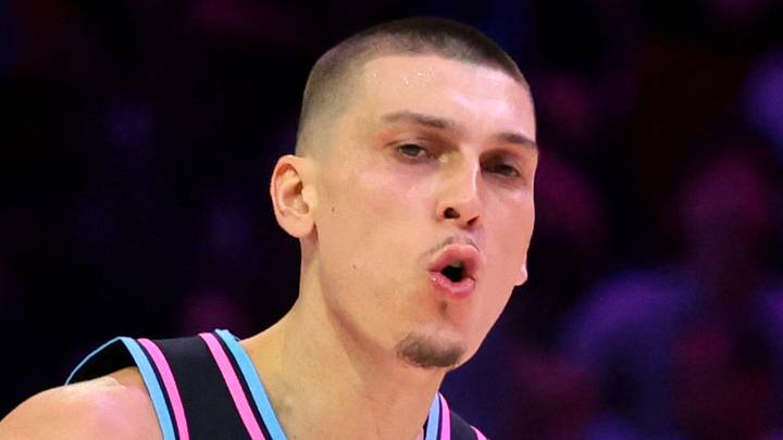Miami Heat guard Tyler Herro (14) reacts after scoring against the Philadelphia 76ers during the fourth quarter at Kaseya Center on Mar 30, 2026.