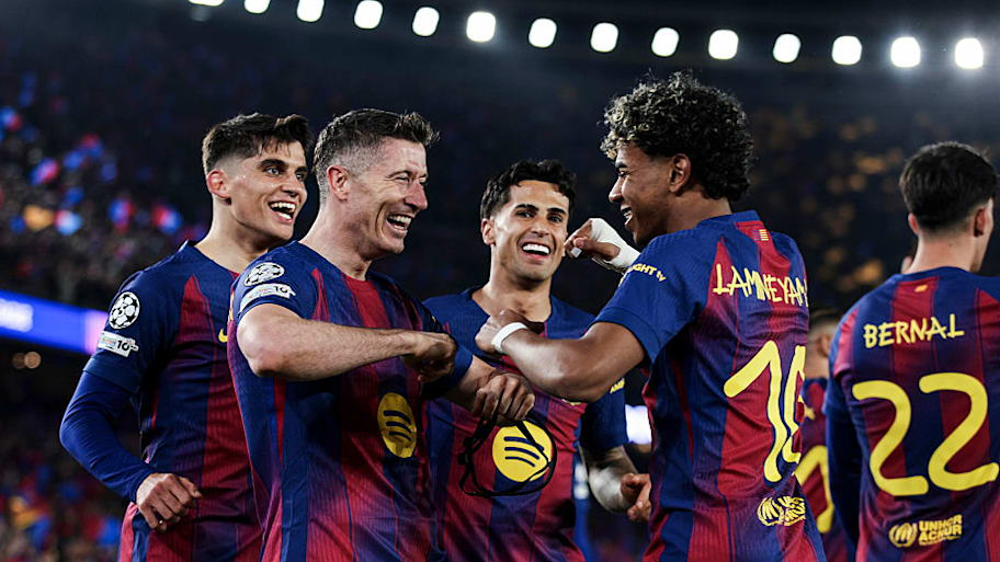 Barcelona players celebrating.