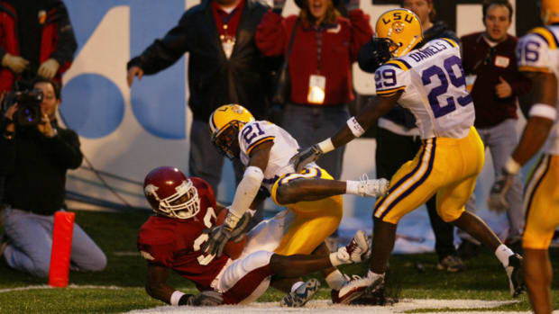 DeCori Birmingham in the south end zone of War Memorial Stadium with catch to beat LSU in 2002