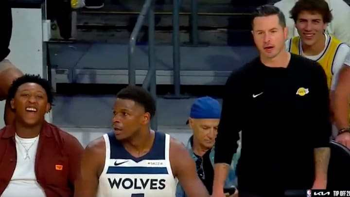 Los Angeles Lakers coach JJ Redick couldn't help but chirp Minnesota Timberwolves star Anthony Edwards for his footwork in the third quarter on Tuesday night. Los Angeles Lakers coach JJ Redick couldn't help but chirp Minnesota Timberwolves star Anthony Edwards for his footwork in the third quarter on Tuesday night.