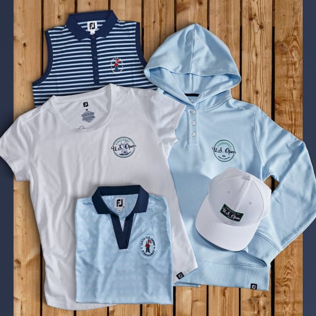 Blue and white FootJoy golf apparel.