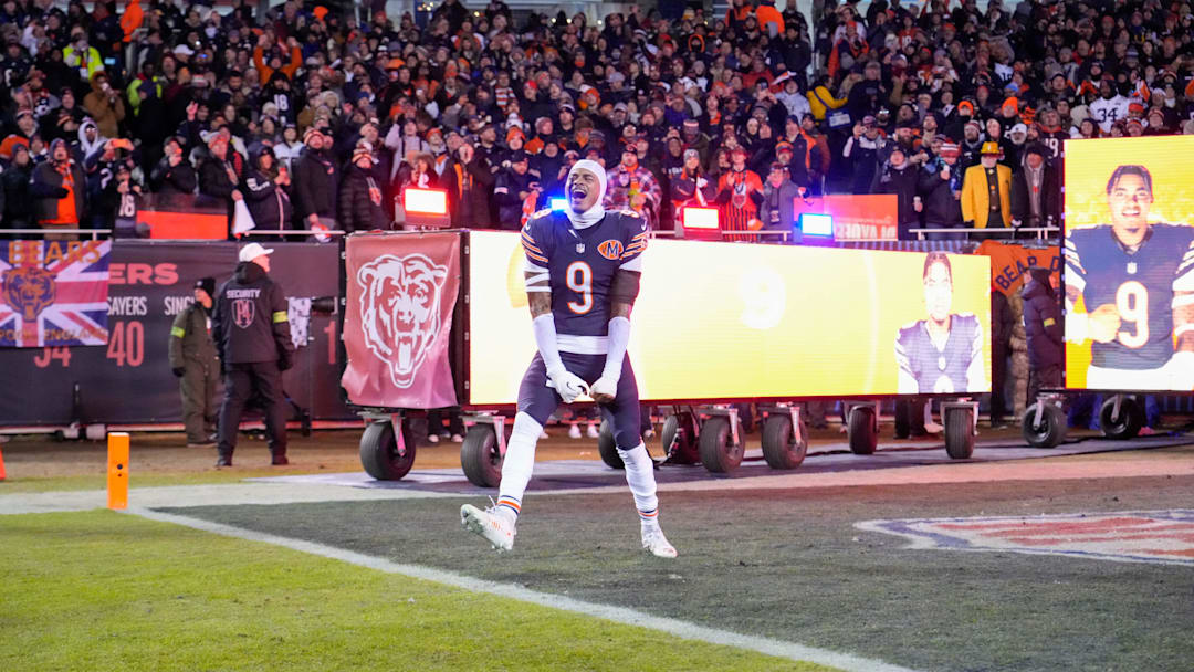 Jan 10, 2026; Chicago, IL, USA;  Chicago Bears safety Jaquan Brisker (9) takes the field prior to an NFC Wild Card Round game against the Green Bay Packers at Soldier Field. Mandatory Credit: David Banks-Imagn Images