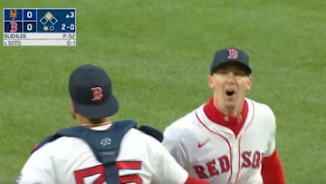 Boston Red Sox SP Walker Buehler shouts at home plate umpire Mike Estabrook after getting ejected against the New York Mets
