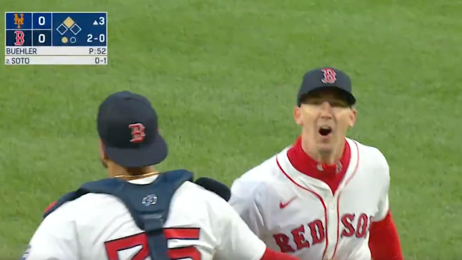 Boston Red Sox SP Walker Buehler shouts at home plate umpire Mike Estabrook after getting ejected against the New York Mets | Screenshot via SNY on X