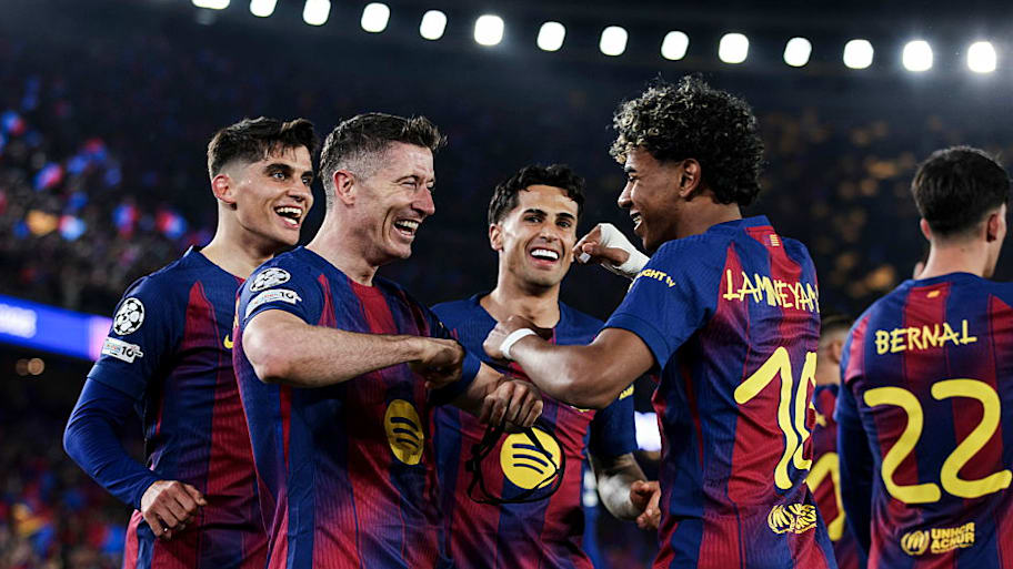 Barcelona players celebrating.