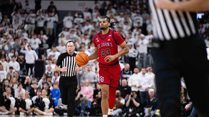Feb 14, 2026; Providence, Rhode Island, USA; St. John’s basketball forward/guard Bryce Hopkins (23) dribbles during the second half of the game against the Providence College Friars at Amica Mutual Pavilion.