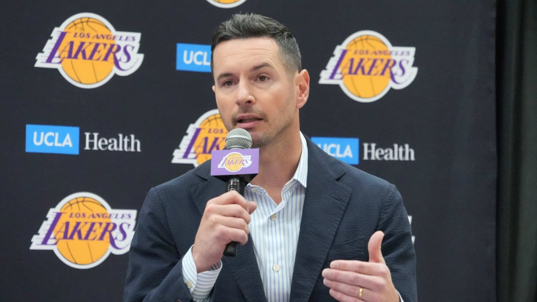 Jul 2, 2024; El Segundo, CA, USA; Los Angeles Lakers coach JJ Redick at a press conference at the UCLA Health Training Center. Mandatory Credit: Kirby Lee-USA TODAY Sports