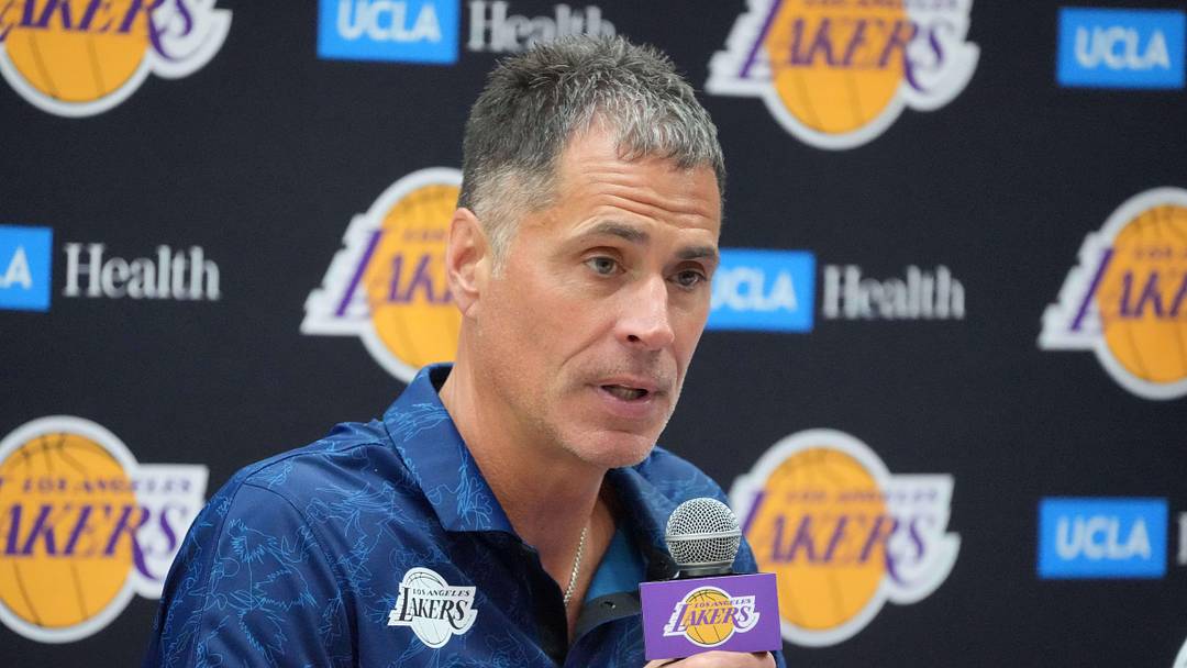 Jul 2, 2024; El Segundo, CA, USA; Los Angeles Lakers vice president of basketball operations and general manager Rob Pelinka at a press conference at the UCLA Health Training Center. Mandatory Credit: Kirby Lee-Imagn Images