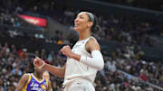 Jul 5, 2024; Los Angeles, California, USA; Las Vegas Aces center A'ja Wilson (22) reacts against the LA Sparks in the second half at Crypto.com Arena. Mandatory Credit: Kirby Lee-USA TODAY Sports