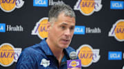 Jul 2, 2024; El Segundo, CA, USA; Los Angeles Lakers vice president of basketball operations and general manager Rob Pelinka at a press conference at the UCLA Health Training Center. Mandatory Credit: Kirby Lee-Imagn Images