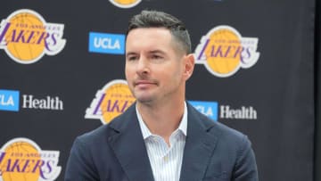 Jul 2, 2024; El Segundo, CA, USA; Los Angeles Lakers coach JJ Redick at a press conference at the UCLA Health Training Center. Mandatory Credit: Kirby Lee-USA TODAY Sports