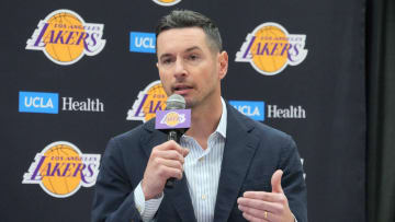 Jul 2, 2024; El Segundo, CA, USA; Los Angeles Lakers coach JJ Redick at a press conference at the UCLA Health Training Center. Mandatory Credit: Kirby Lee-USA TODAY Sports