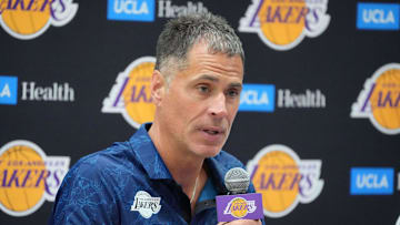 Jul 2, 2024; El Segundo, CA, USA; Los Angeles Lakers vice president of basketball operations and general manager Rob Pelinka at a press conference at the UCLA Health Training Center. Mandatory Credit: Kirby Lee-Imagn Images