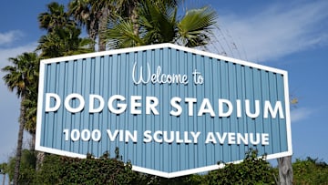 A sign at the entrance to Dodger Stadium at 1000 Vin Scully Avenue on June 16, 2023.