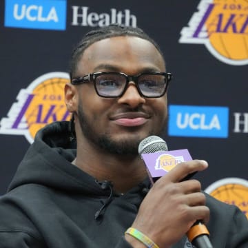 Jul 2, 2024; El Segundo, CA, USA; Los Angeles Lakers second round draft pick Bronny James at a press conference at the UCLA Health Training Center. Mandatory Credit: Kirby Lee-USA TODAY Sports