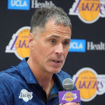 Jul 2, 2024; El Segundo, CA, USA; Los Angeles Lakers vice president of basketball operations and general manager Rob Pelinka at a press conference at the UCLA Health Training Center. Mandatory Credit: Kirby Lee-USA TODAY Sports