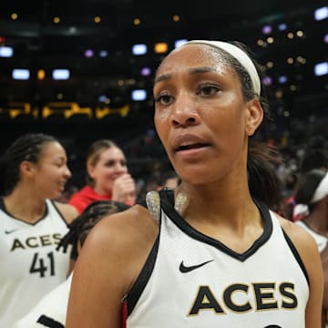 May 25, 2023; Los Angeles, California, USA;Las Vegas Aces forward A'ja Wilson (22) reacts after the game against the LA Sparks at Crypto.com Arena. Mandatory Credit: Kirby Lee-Imagn Images