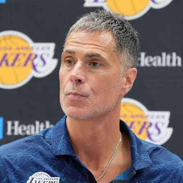 Jul 2, 2024; El Segundo, CA, USA; Los Angeles Lakers vice president of basketball operations and general manager Rob Pelinka at a press conference at the UCLA Health Training Center. Mandatory Credit: Kirby Lee-Imagn Images