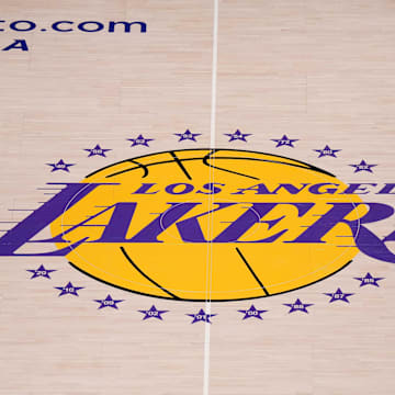 May 20, 2023; Los Angeles, California, USA;  The Los Angeles Lakers logo at center court during game three of the Western Conference Finals for the 2023 NBA playoffs at Crypto.com Arena. Mandatory Credit: Kirby Lee-Imagn Images