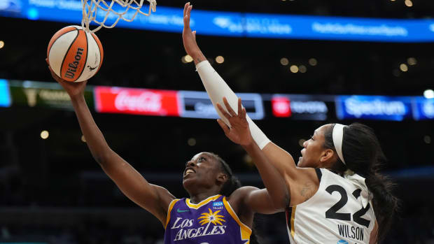 LA Sparks forward Chiney Ogwumike (13) shoots the ball against Las Vegas Aces forward A'ja Wilson