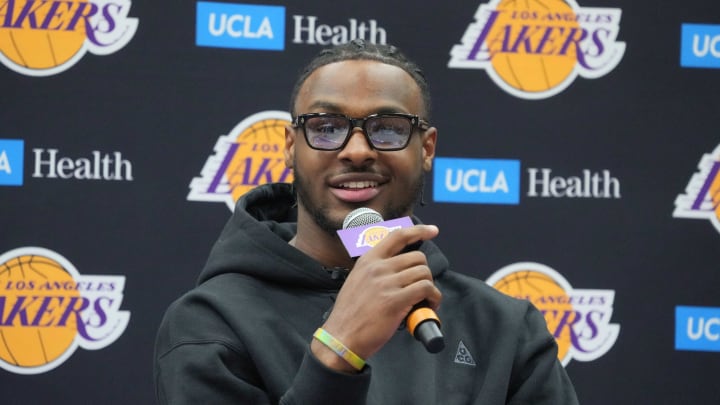 Jul 2, 2024; El Segundo, CA, USA; Los Angeles Lakers second round draft pick Bronny James at a press conference at the UCLA Health Training Center. Mandatory Credit: Kirby Lee-USA TODAY Sports