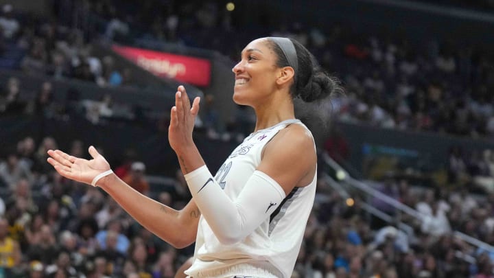 Jul 5, 2024; Los Angeles, California, USA; Las Vegas Aces center A'ja Wilson (22) reacts against the LA Sparks in the second half at Crypto.com Arena. Mandatory Credit: Kirby Lee-USA TODAY Sports