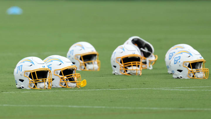 Jun 13, 2023; Costa Mesa, CA, USA; Los Angeles Chargers helmets during minicamp at the Hoag Performance Center. Mandatory Credit: Kirby Lee-USA TODAY Sports