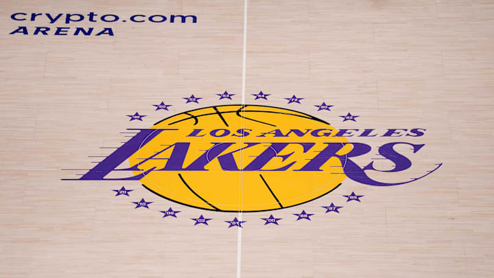 May 20, 2023; Los Angeles, California, USA;  The Los Angeles Lakers logo at center court during game three of the Western Conference Finals for the 2023 NBA playoffs at Crypto.com Arena. Mandatory Credit: Kirby Lee-Imagn Images