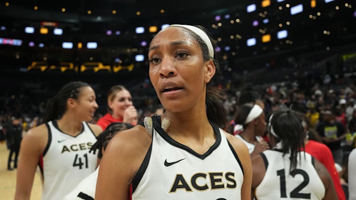 May 25, 2023; Los Angeles, California, USA;Las Vegas Aces forward A'ja Wilson (22) reacts after the game against the LA Sparks at Crypto.com Arena. Mandatory Credit: Kirby Lee-Imagn Images