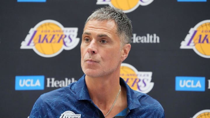 Jul 2, 2024; El Segundo, CA, USA; Los Angeles Lakers vice president of basketball operations and general manager Rob Pelinka at a press conference at the UCLA Health Training Center. Mandatory Credit: Kirby Lee-Imagn Images