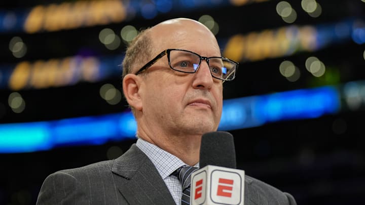 ESPN commentator Jeff Van Gundy during game four of the Western Conference Finals for the 2023 NBA playoffs. ESPN commentator Jeff Van Gundy during game four of the Western Conference Finals for the 2023 NBA playoffs.