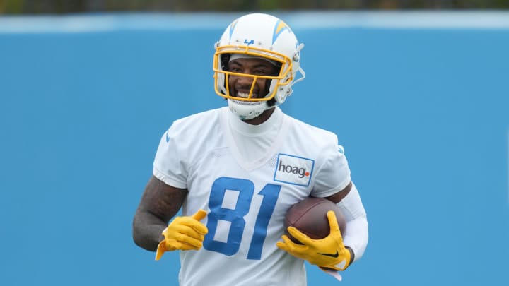 Jun 13, 2023; Costa Mesa, CA, USA; Los Angeles Chargers receiver Mike Williams (81) carries the ball during minicamp at the Hoag Performance Center.  