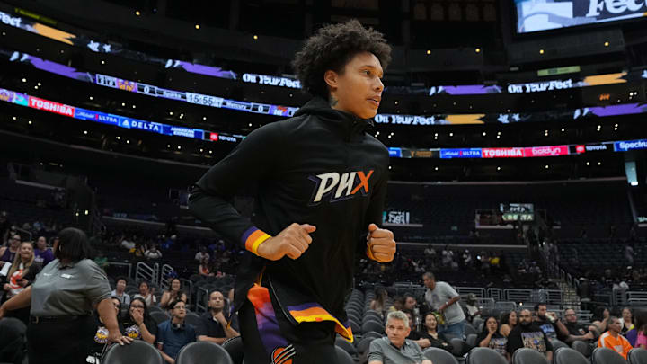 Jul 7, 2024; Los Angeles, California, USA; Phoenix Mercury center Brittney Griner (42) enters the court before the game against the LA Sparks at the Crypto.com Arena. Mandatory Credit: Kirby Lee-Imagn Images