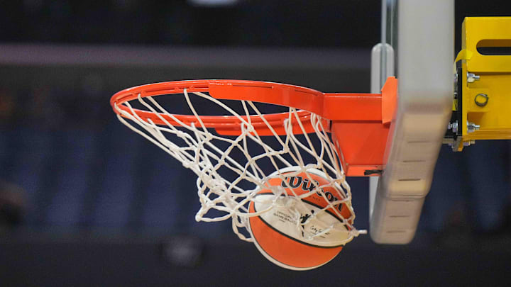 Jul 7, 2024; Los Angeles, California, USA; A Wilson official WNBA Evo NXT basketball approaches the net and rim at the Crypto.com Arena. Mandatory Credit: Kirby Lee-Imagn Images Jul 7, 2024; Los Angeles, California, USA; A Wilson official WNBA Evo NXT basketball approaches the net and rim at the Crypto.com Arena. Mandatory Credit: Kirby Lee-Imagn Images