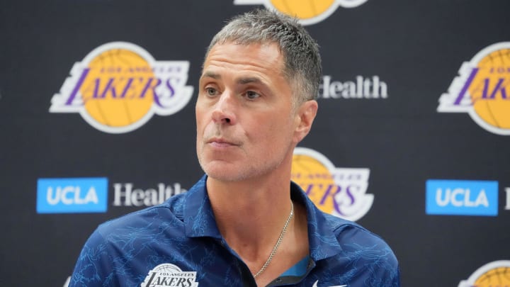 Jul 2, 2024; El Segundo, CA, USA; Los Angeles Lakers vice president of basketball operations and general manager Rob Pelinka at a press conference at the UCLA Health Training Center. Mandatory Credit: Kirby Lee-USA TODAY Sports