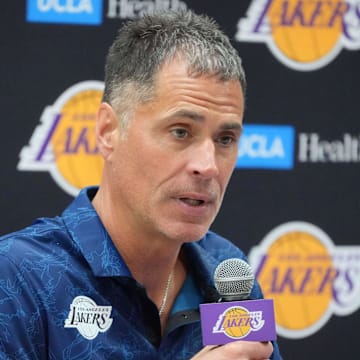 Jul 2, 2024; El Segundo, CA, USA; Los Angeles Lakers vice president of basketball operations and general manager Rob Pelinka at a press conference at the UCLA Health Training Center. Mandatory Credit: Kirby Lee-Imagn Images