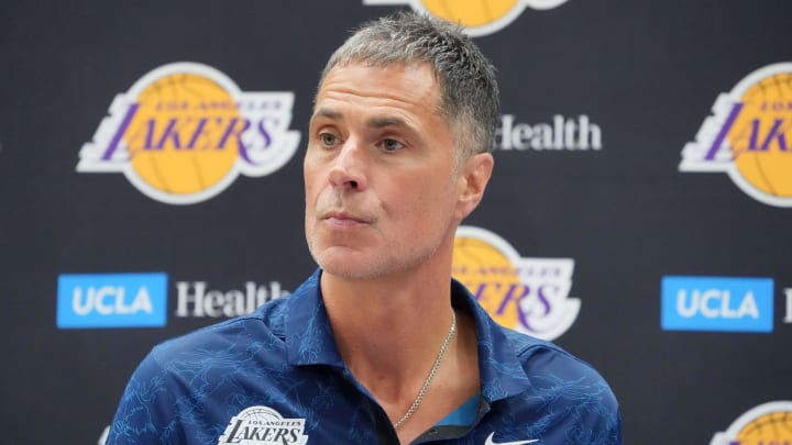 Jul 2, 2024; El Segundo, CA, USA; Los Angeles Lakers vice president of basketball operations and general manager Rob Pelinka at a press conference at the UCLA Health Training Center. Mandatory Credit: Kirby Lee-USA TODAY Sports