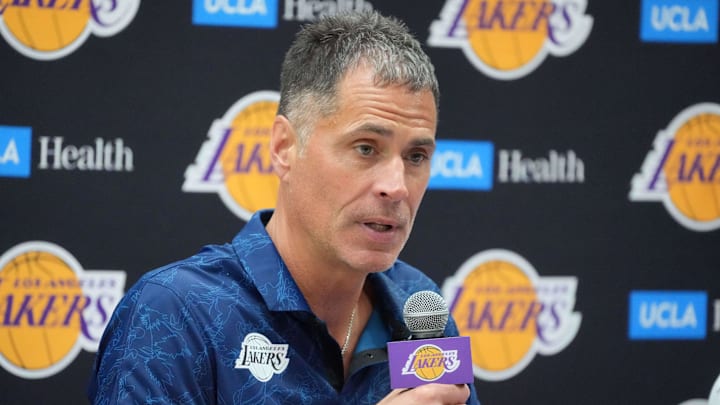 Jul 2, 2024; El Segundo, CA, USA; Los Angeles Lakers vice president of basketball operations and general manager Rob Pelinka at a press conference at the UCLA Health Training Center. Mandatory Credit: Kirby Lee-Imagn Images