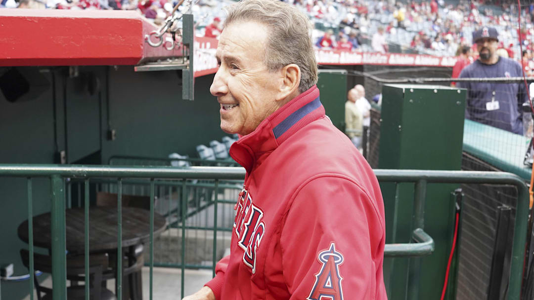 May 24, 2023; Anaheim, California, USA; Los Angeles Angels owner Arte Moreno reacts during the game against the Boston Red Sox  at Angel Stadium. Mandatory Credit: Kirby Lee-Imagn Images