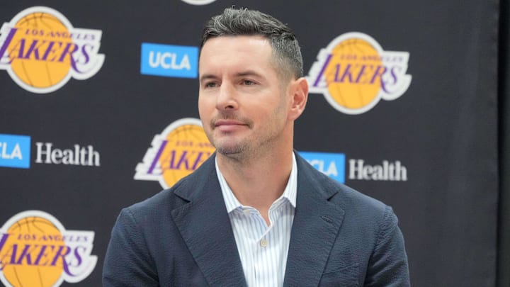 Jul 2, 2024; El Segundo, CA, USA; Los Angeles Lakers coach JJ Redick at a press conference at the UCLA Health Training Center. Mandatory Credit: Kirby Lee-Imagn Images