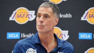 Jul 2, 2024; El Segundo, CA, USA; Los Angeles Lakers vice president of basketball operations and general manager Rob Pelinka at a press conference at the UCLA Health Training Center. Mandatory Credit: Kirby Lee-Imagn Images